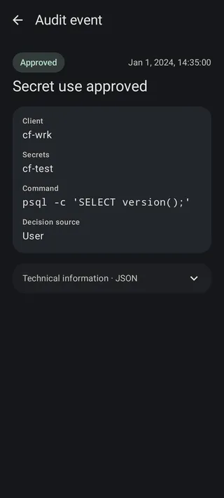Audit event showing an approved secret-use request, its client, secret, command, decision source, and technical JSON section.
