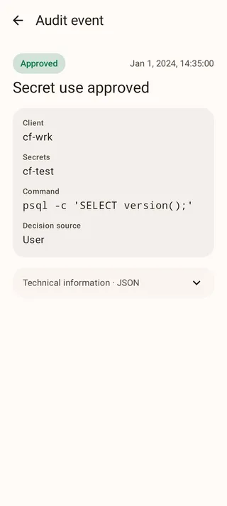 Audit event showing an approved secret-use request, its client, secret, command, decision source, and technical JSON section.