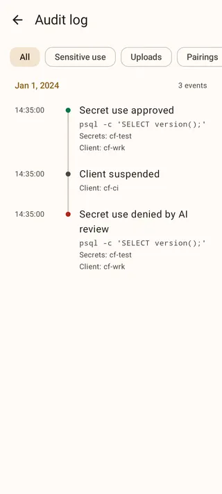 Audit timeline with secret-use approval, client suspension, and AI denial events.