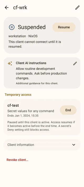 Suspended client showing Resume, a paused temporary-access grant, and Revoke client.