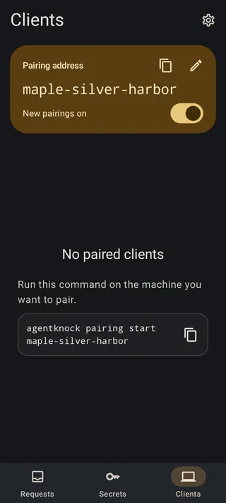 Clients page showing a pairing address, the new-pairings switch, and a pairing-start command.