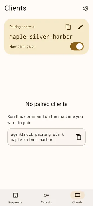Clients page showing a pairing address, the new-pairings switch, and a pairing-start command.