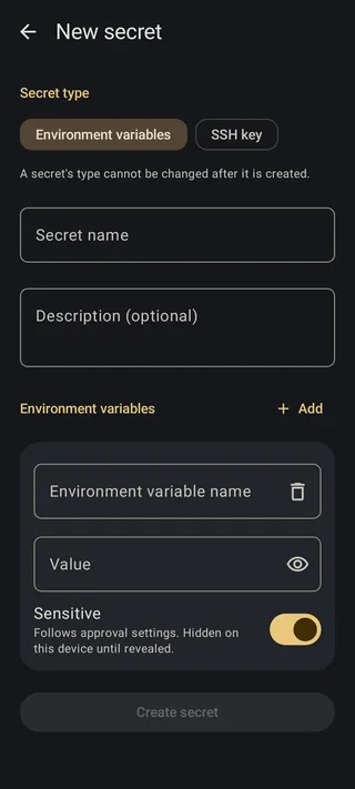 New secret screen with the environment variables type, name, description, and a variable row with a Sensitive switch.
