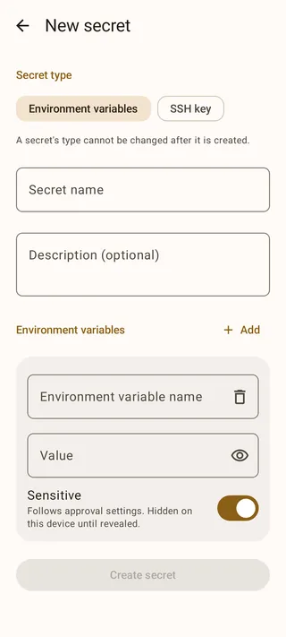 New secret screen with the environment variables type, name, description, and a variable row with a Sensitive switch.