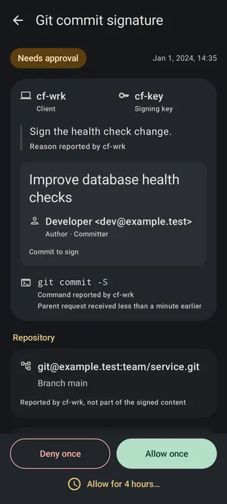 A Git commit signature request showing the commit message, author and committer, triggering command, and repository.