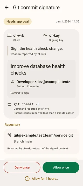A Git commit signature request showing the commit message, author and committer, triggering command, and repository.