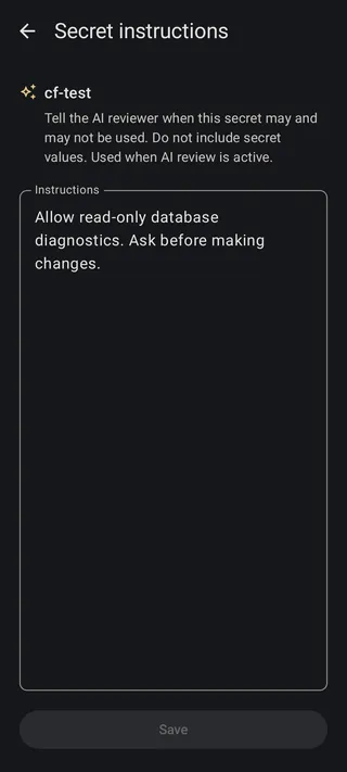 The secret-instructions editor containing guidance to allow database diagnostics and ask before changes.