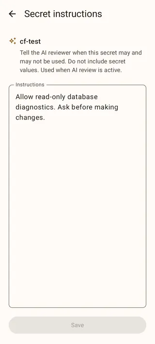 The secret-instructions editor containing guidance to allow database diagnostics and ask before changes.