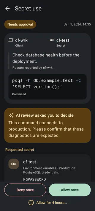 An example database request where AI asks the user to confirm a production diagnostic operation.