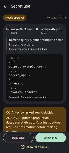 Agentknock AI review asks the user to decide whether a database request is expected.