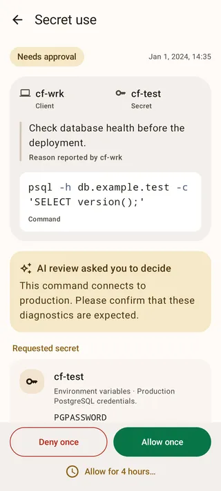 An example database request where AI asks the user to confirm a production diagnostic operation.