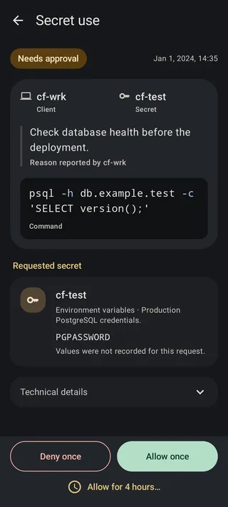 Command request showing a PostgreSQL command, its reason, and Allow once and Deny once actions.