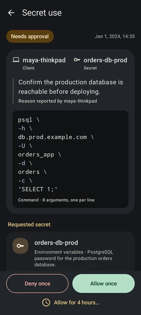 Agentknock Android request for a database command, with its client, secret, reason, and Allow once and Deny once actions.