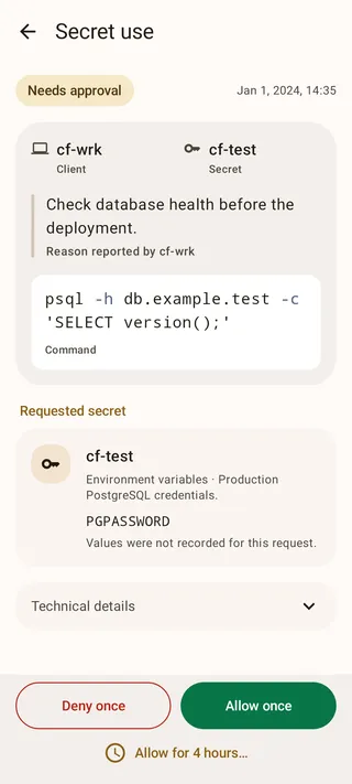 Command request showing a PostgreSQL command, its reason, and Allow once and Deny once actions.