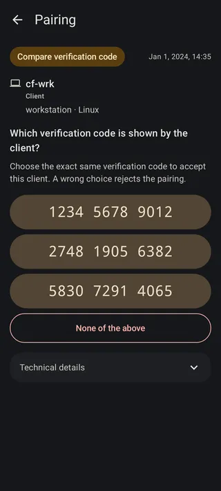 Pairing request with three verification-code choices and a None of the above button.