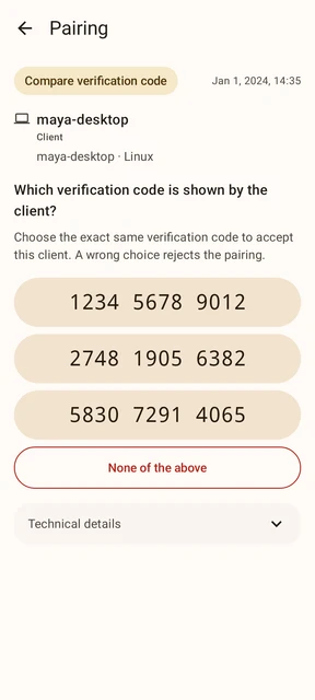 Agentknock Android pairing request asking the user to select the verification code shown on their computer.