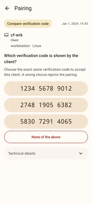Pairing request with three verification-code choices and a None of the above button.