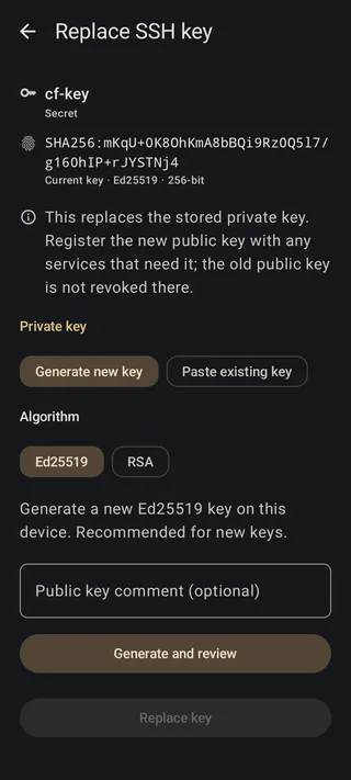 Replace SSH key screen showing the current fingerprint, key-generation controls, and the replacement action.