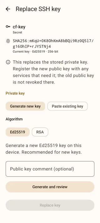 Replace SSH key screen showing the current fingerprint, key-generation controls, and the replacement action.