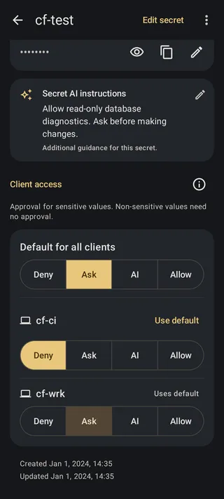 Secret access settings with Ask as the default, Deny for one client, and another client using the default.