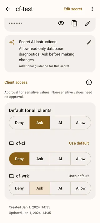 Secret access settings with Ask as the default, Deny for one client, and another client using the default.