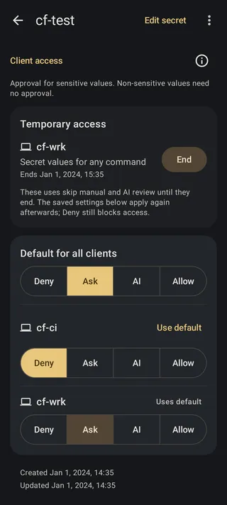 A secret's temporary-access card showing the client, operation, expiry, and End button.