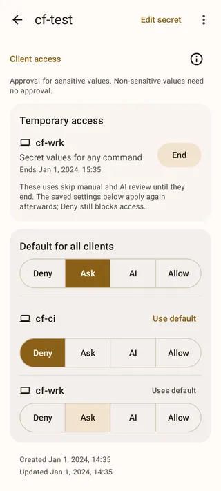 A secret's temporary-access card showing the client, operation, expiry, and End button.