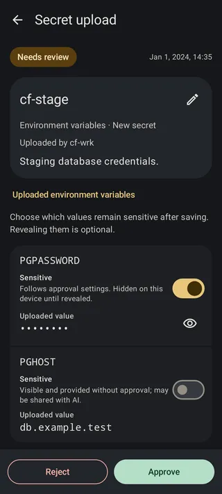 Secret upload review showing a proposed environment secret, a concealed sensitive password, a visible non-sensitive hostname, and Approve and Reject actions.