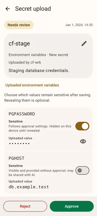 Secret upload review showing a proposed environment secret, a concealed sensitive password, a visible non-sensitive hostname, and Approve and Reject actions.