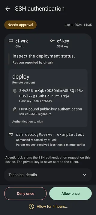 An SSH authentication request showing the client, key, remote account, host-key fingerprint, and triggering command.