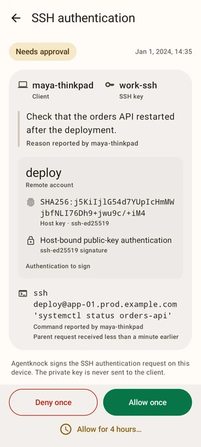Agentknock Android SSH authentication request showing the remote account, host-key fingerprint, and approval actions.