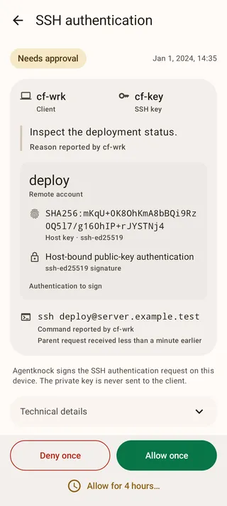 An SSH authentication request showing the client, key, remote account, host-key fingerprint, and triggering command.
