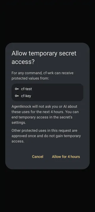 A temporary-access confirmation listing a client, affected secrets, and the scope for any command.
